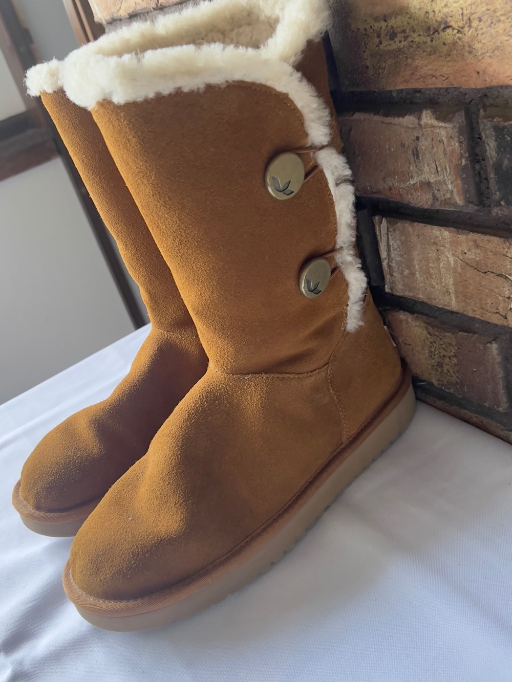 Koolaburra Chestnut Suede Shearling Button Mid-Calf Boots